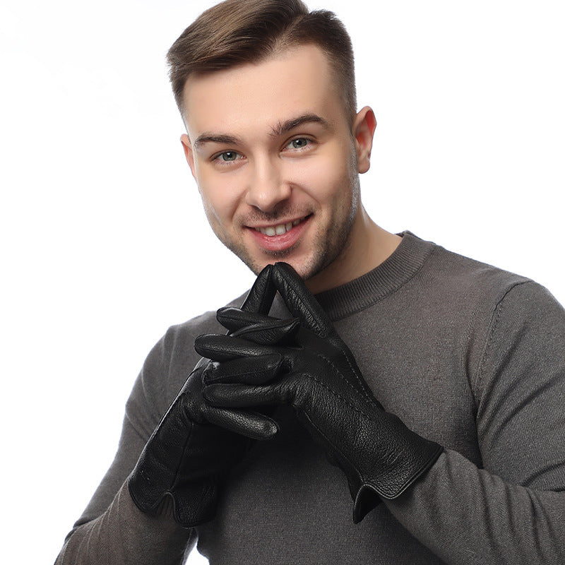 Men's imitation deer skin, wool lined business gloves, outdoor velvet, autumn and winter warm goat skin leather gloves