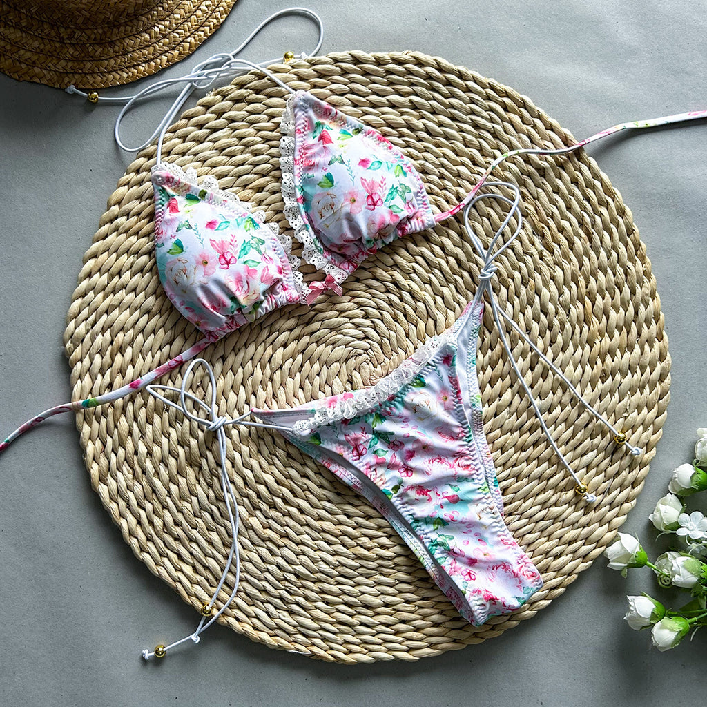 European and American sexy bikini print lace up split women's swimsuit