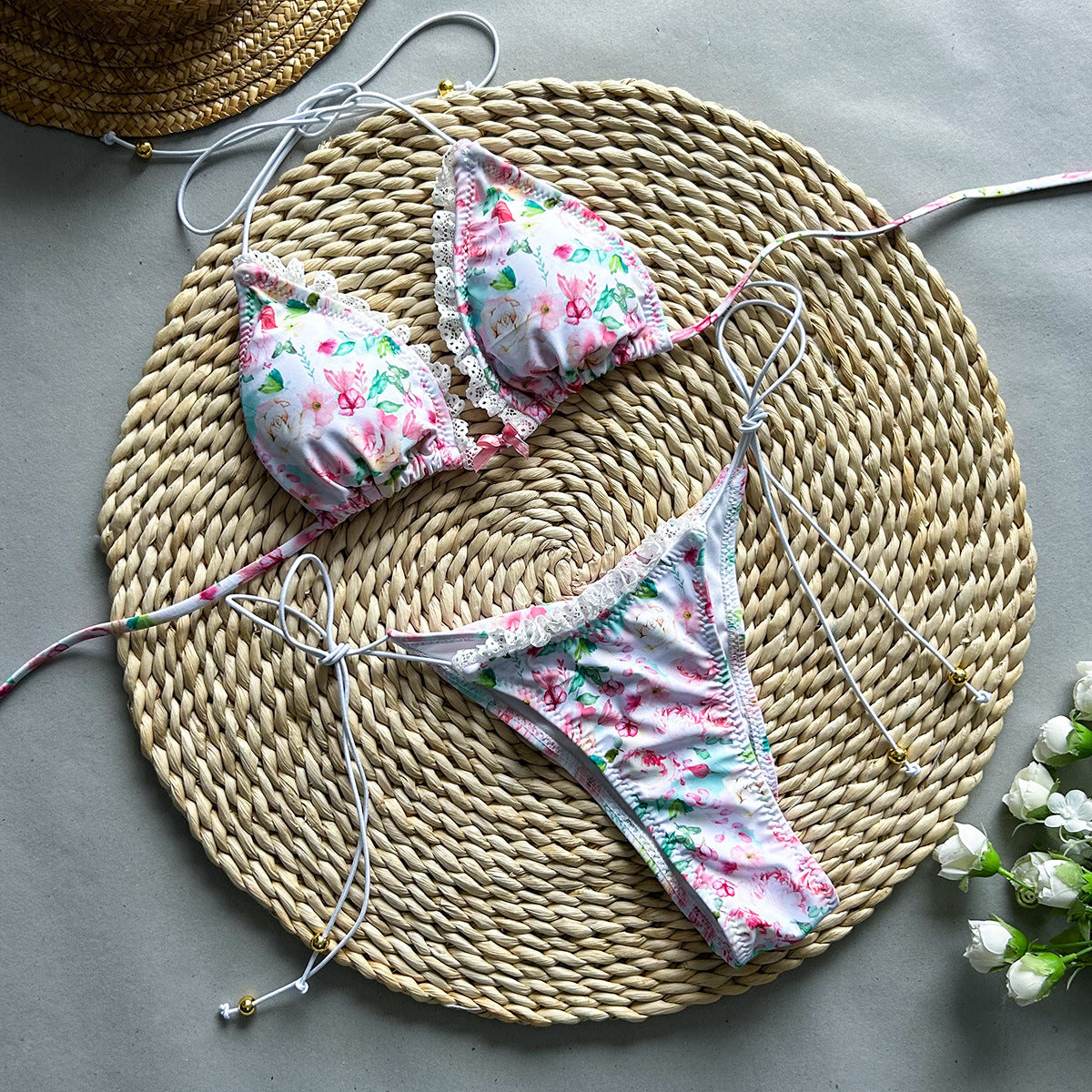 European and American sexy bikini print lace up split women's swimsuit