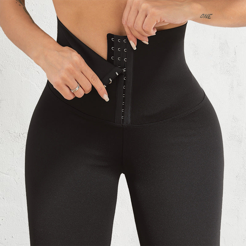 Women's High-Waist Sports Tummy Control Skinny Pants with Outer Snap Button Waistband