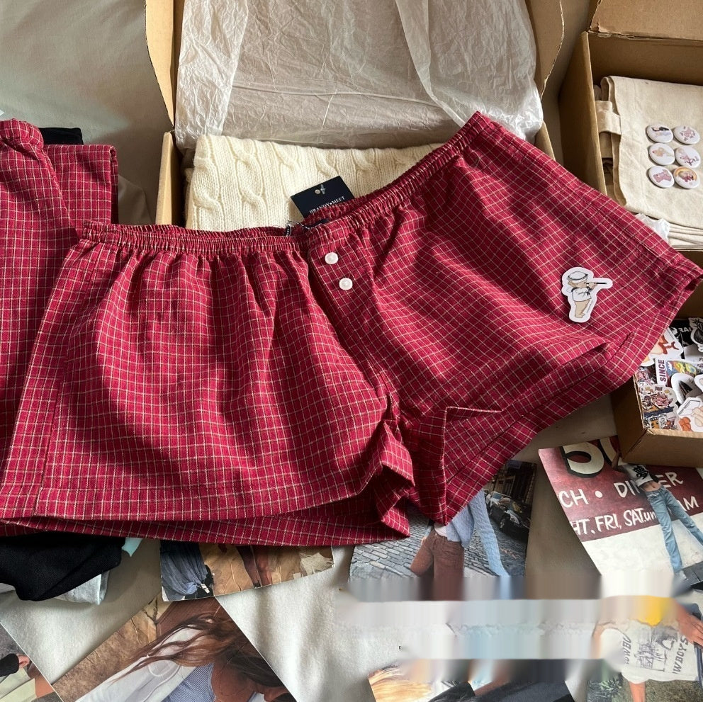 Elastic Waist Red Plaid Fastener Decoration Shorts For Women
