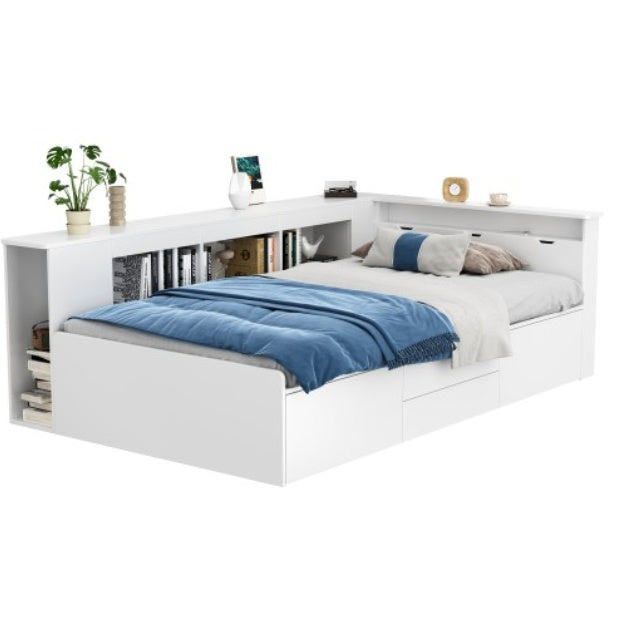 Children's Bed, Single Bed-3ft90x190cm, Single Bed, Multifunctional Children's Bed With Drawers, Bookcase And Storage Cupboard, Bed Box With Storage Space, Without Mattress, White