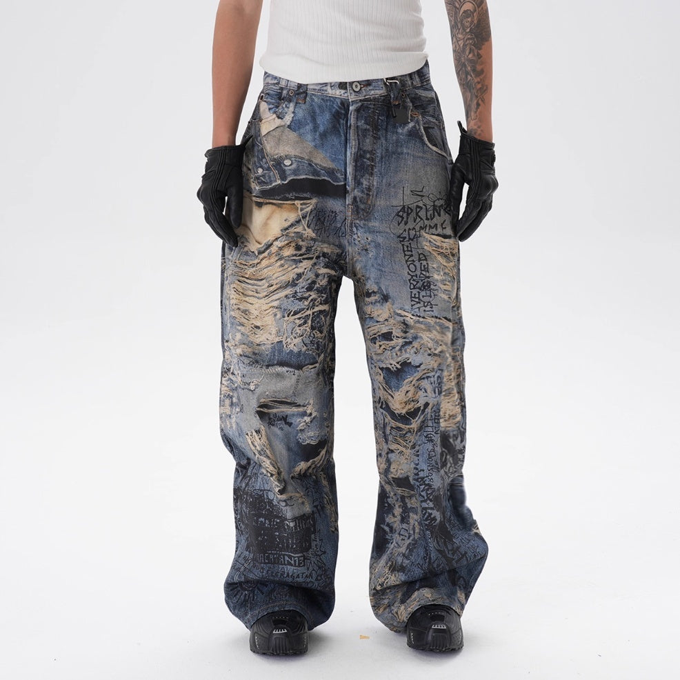 3D Digital Printing Ripped Graffiti Straight Jeans