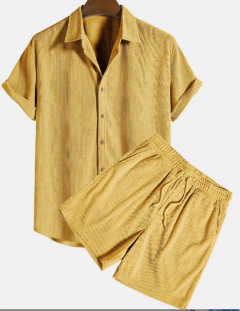 Beachwear Corduroy Short Sleeve Suit Two-piece Set