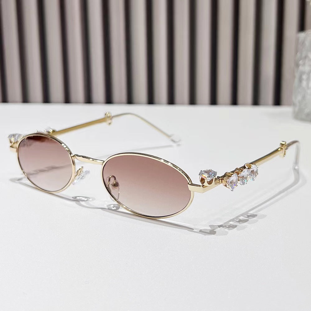 Metal inlaid diamond oval frame glasses resin anti blue light glasses rhinestone sunglasses