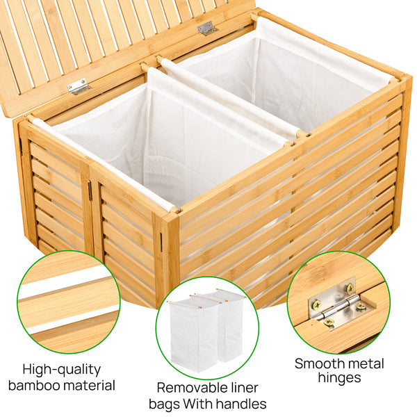 Bamboo Laundry Basket With Lid - Foldable Laundry Basket With 2 Sections Of Removable Lined Pockets For Bathroom, Bedroom And Laundry