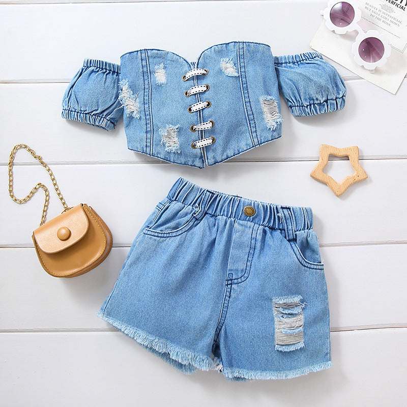 Girls' Denim Ripped Top Shorts Suit