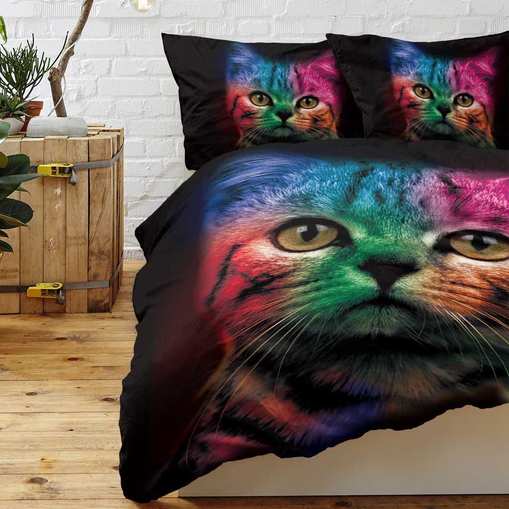 Cat Bedding For Kids Girls Boys Cute Colorful Cat Pattern Quilt Cover Bedspread 3 Piece Bold Color Black Animal Duvet Cover Set For Single Bed