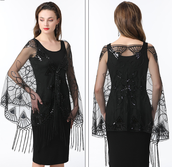 Mesh sequin dress cape cheongsam dress long summer waistcoat with ball tassel shawl wedding dress cape