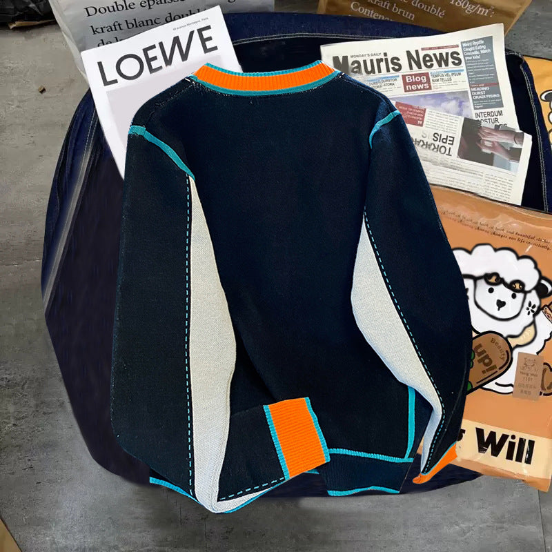 Stitching Contrast Color Knitted Coat Men's Knitwear Sweater