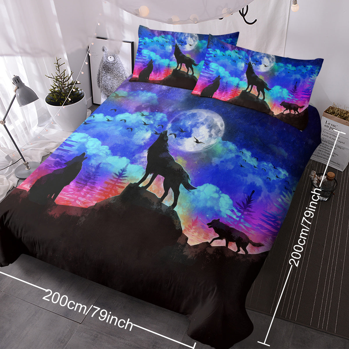 Moon Wolf Duvet Cover Set Single 3pcs Colorful Microfiber Kids Bedding Set