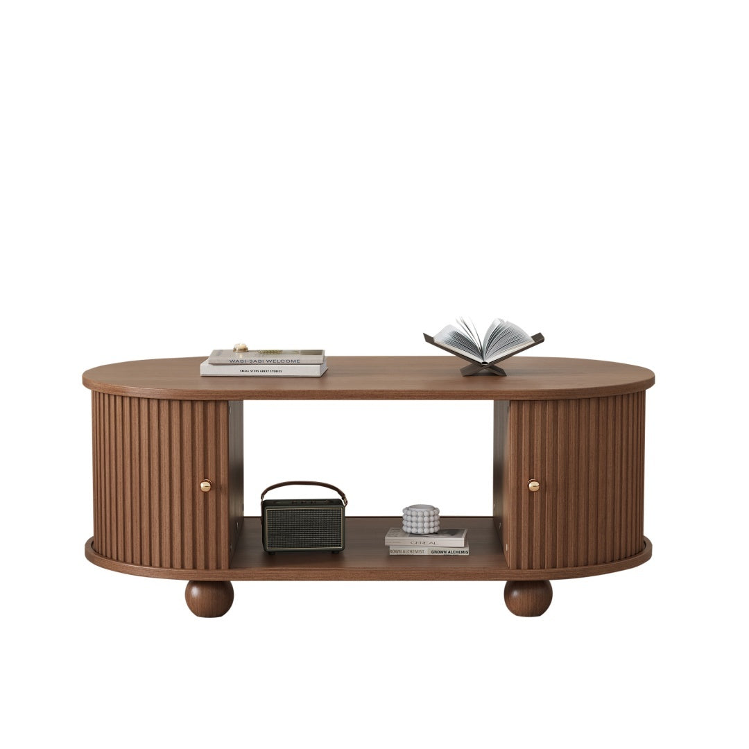 Oval Coffee Table With 2 Sliding Doors, Rounded Corners,Hidden Compartment Center Table, Sofa Table With Storage Space, Side Table With Central Open Storage Area,100X50X40cm,Oak Color,MDF