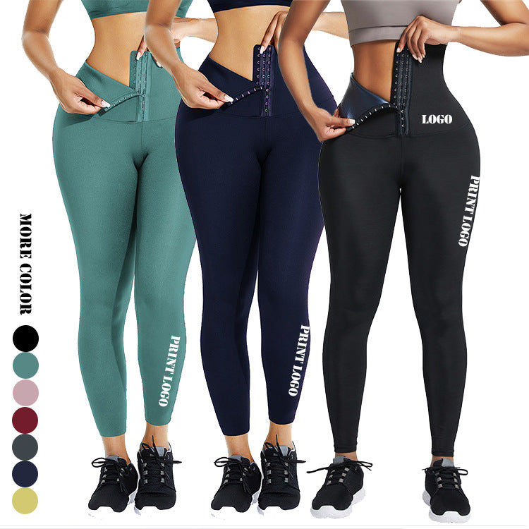Women's High-Waist Sports Tummy Control Skinny Pants with Outer Snap Button Waistband