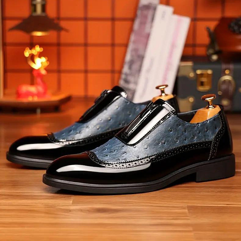 Ostrich Grain Embossed Zipper Pointed Plus Size Bright Leather Chelsea Men's Shoes