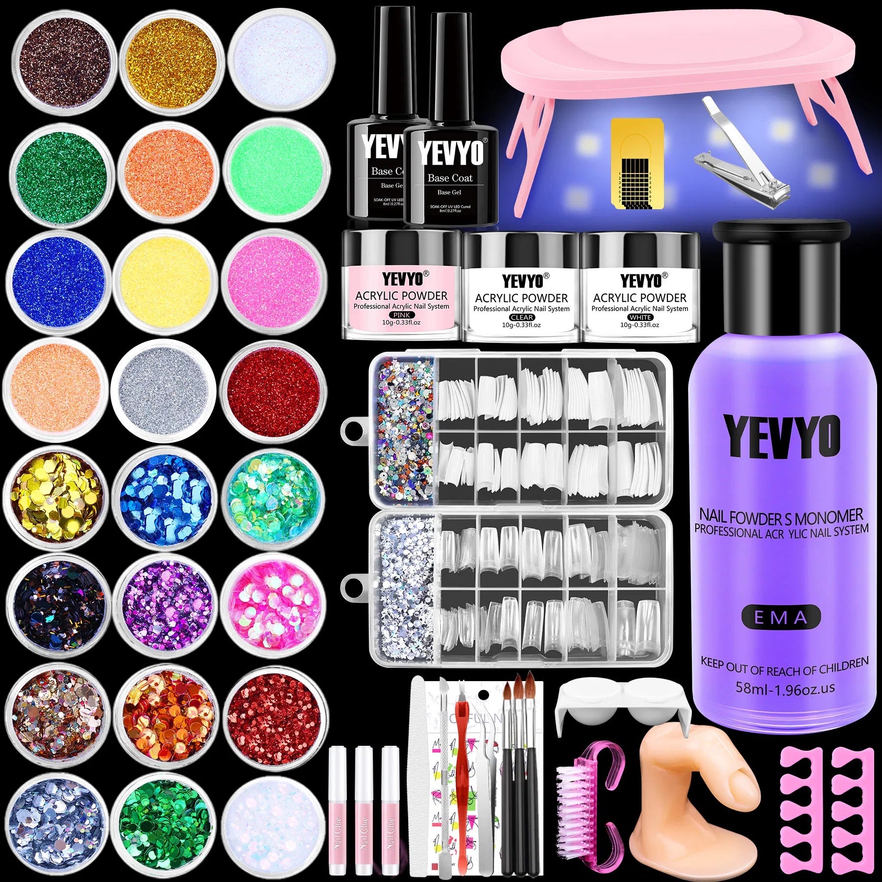 Professional Acrylic Nail Kit, With Pink Nail UV LED Lamps, Acrylic Powders, Base Top Coat, Nail Tips, Rhinestones, Nail Decorations And Nail Art Tools