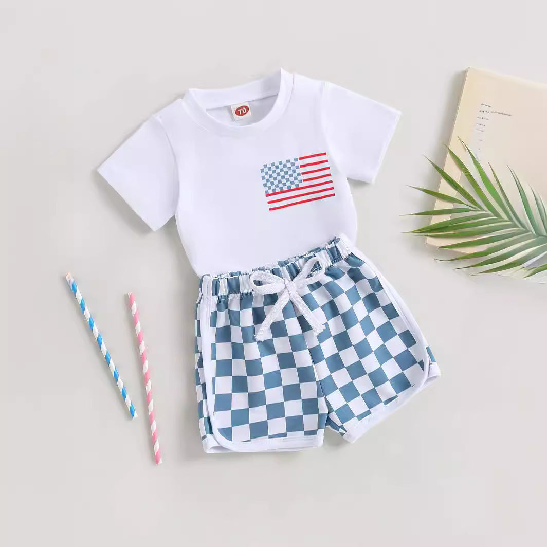 Baby Boy Shorts Short Sleeve Printed Chessboard Plaid Two-piece Set