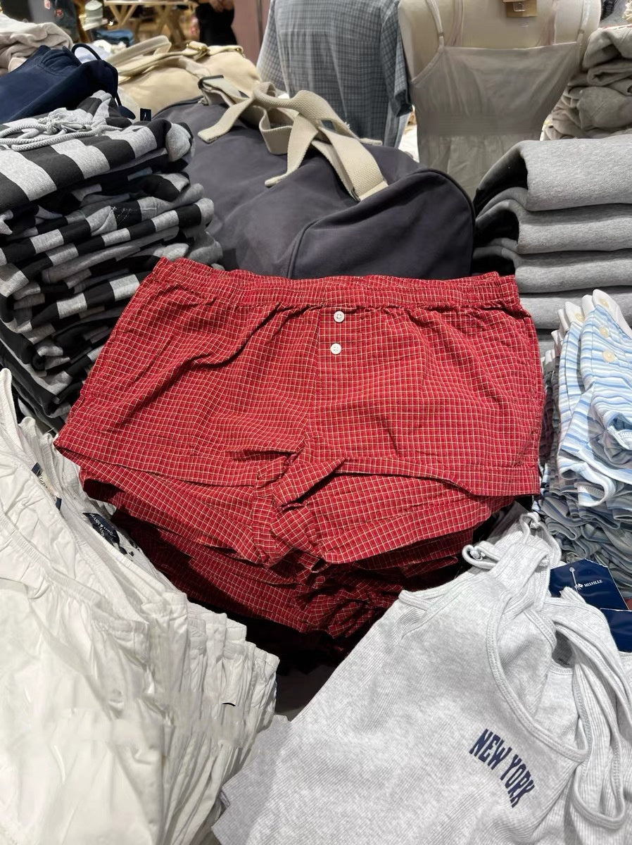 Elastic Waist Red Plaid Fastener Decoration Shorts For Women