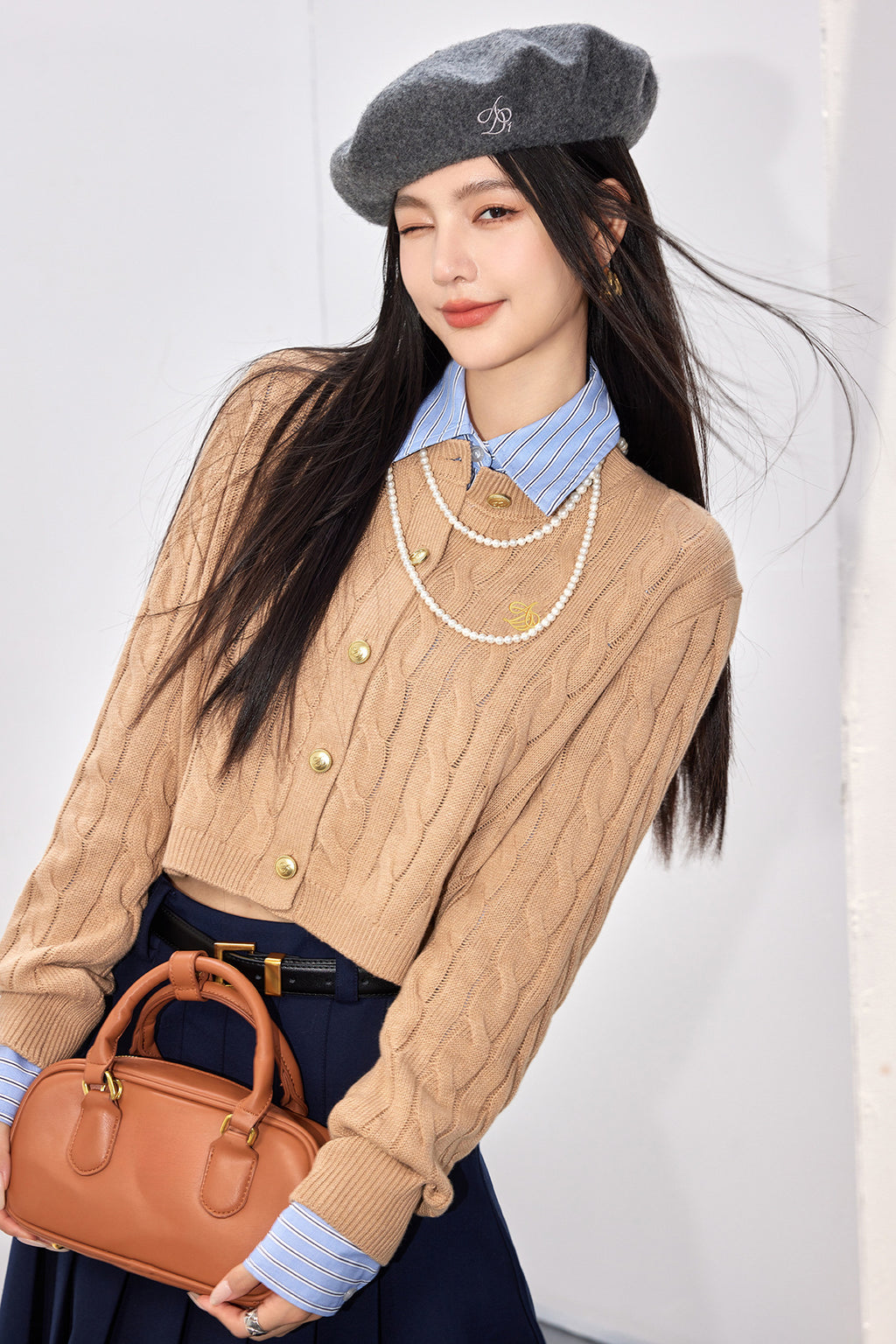 Chic Gray Knit Cardigan with Cable Pattern Long Sleeve Fitted Top for Women