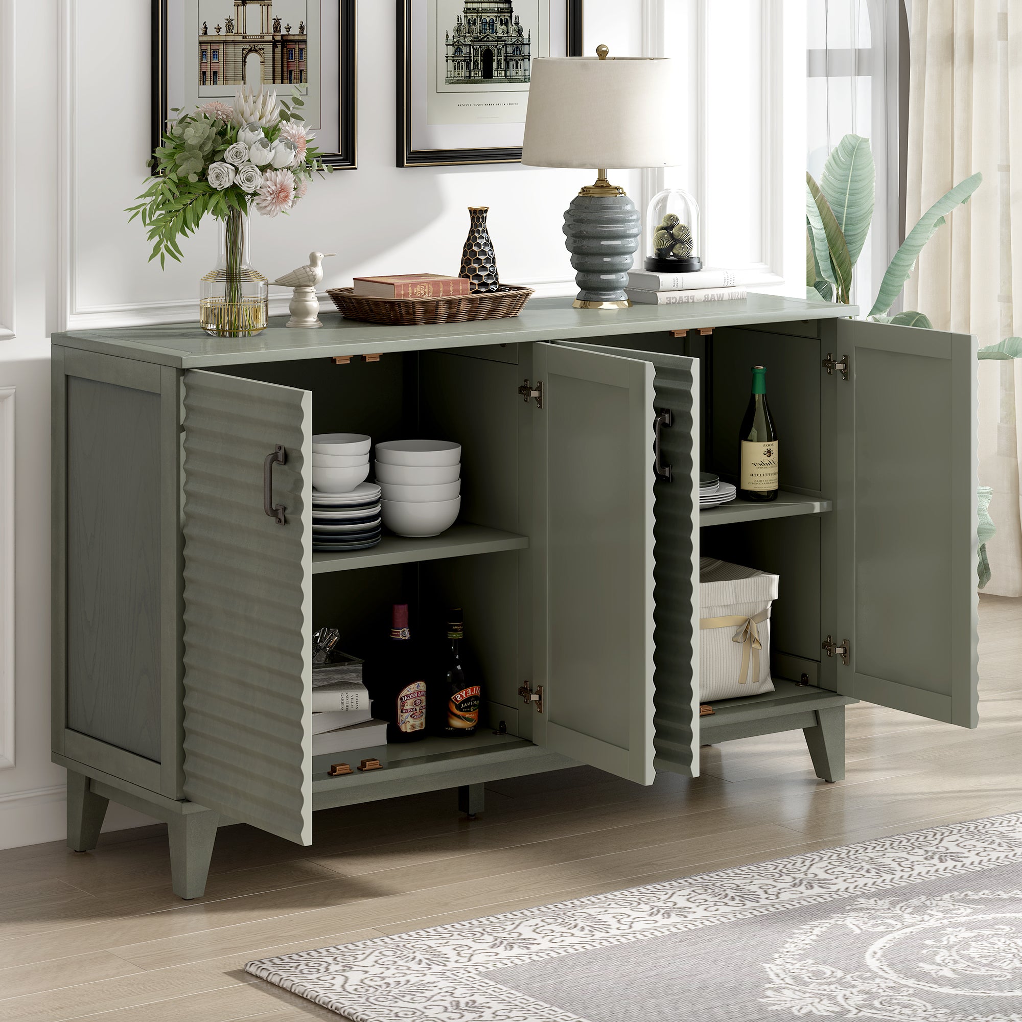 TREXM side panel with 4-door large storage buffet, adjustable shelves and metal handles (antique gray)