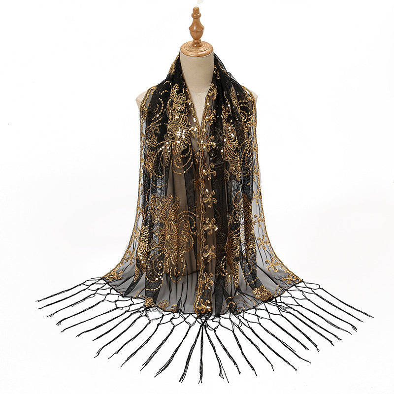 Long Fringe Sequin Embroidered Shawl Party Dress Evening Banquet Spring Summer Thin Cheongsam Gauze Scarf Women