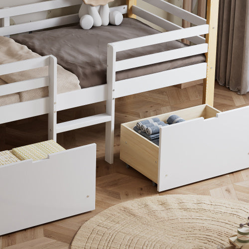 Wooden Bed, Children S Bed, 3ft Single Bed 90x190cm, MDF  Pinewood  Plywood, Safety Guardrail, Two Storage Drawers With Wheels,Roof Shape, White  Natural