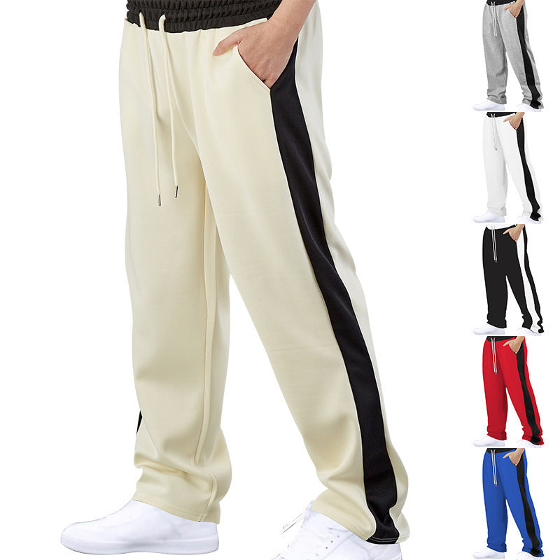 Stitching Contrast Color Loose Straight Drawstring Leisure Pants Men