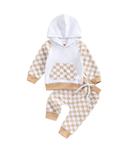 Casual Boys' Plaid Patchwork Hoodie Trousers Suit