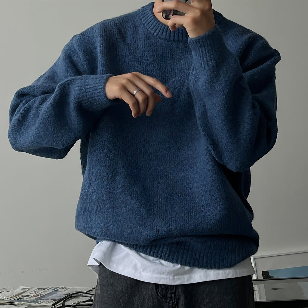 Solid Color Drop-shoulder Round Neck Sweater Men's Warm Thickened Sweater