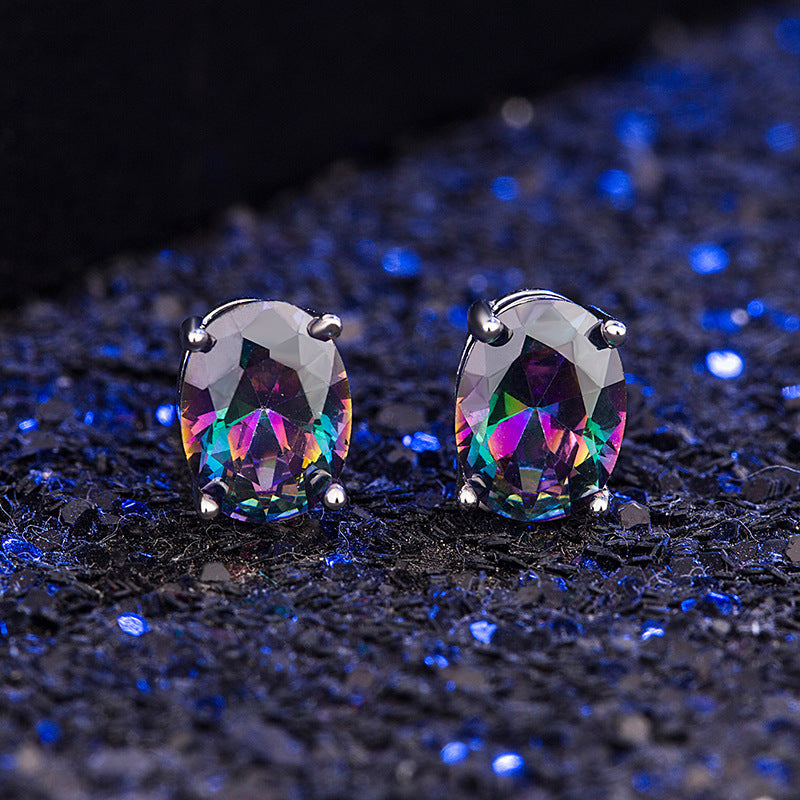 Oval Colorful Stone Stud Earrings For Women