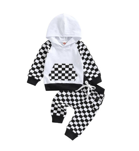 Casual Boys' Plaid Patchwork Hoodie Trousers Suit