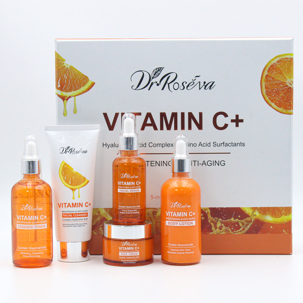 Dr.ROSEVA Private Label Natural Organic Anti Aging Products VC Vitamin C Facial Skincare Cream Serum Cleanser 5 Pieces Skin Care Set Skin Care Gift Kit