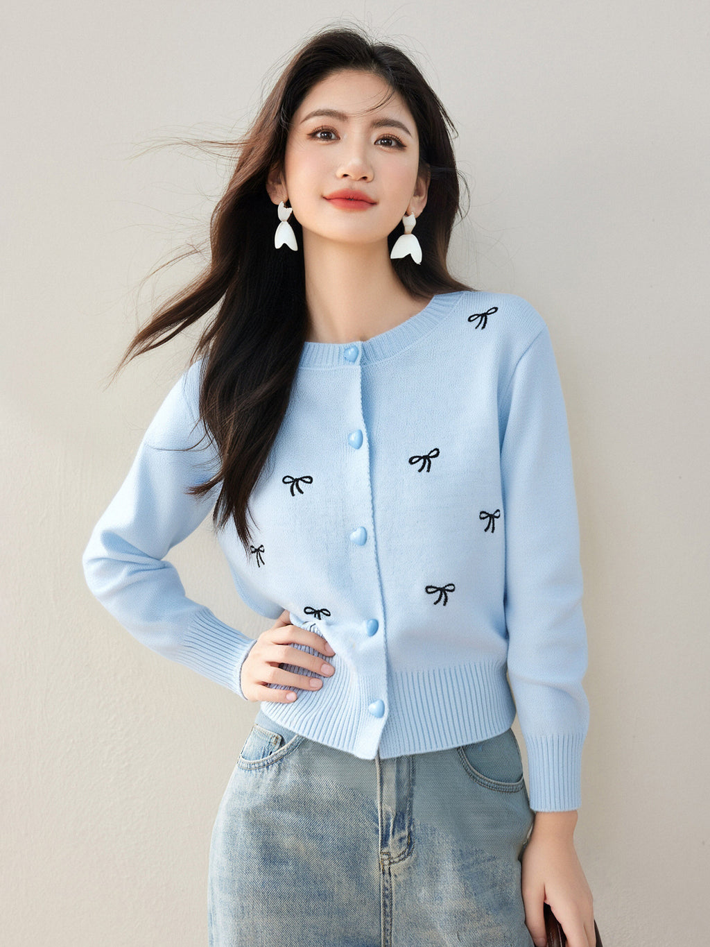 Soft Knit Cardigan with Bow EmbroideryCasual Women's Sweater Coat for Autumn