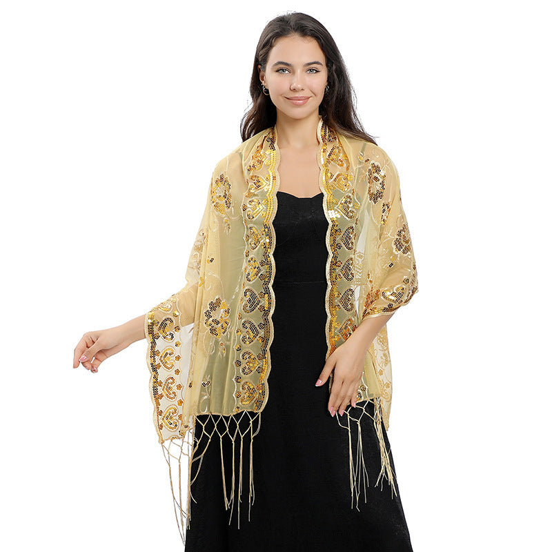 Flower Sequin Embroidered Long Fringe Shawl for Bride Bridesmaid Party Evening Dress Women