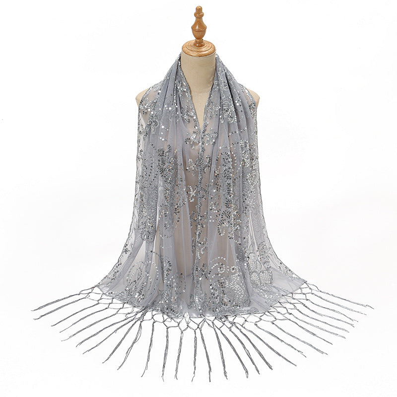 Long Fringe Sequin Embroidered Shawl Party Dress Evening Banquet Spring Summer Thin Cheongsam Gauze Scarf Women