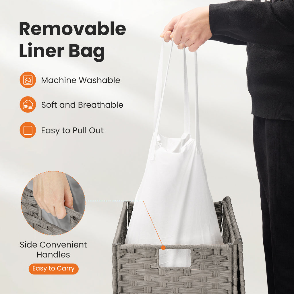 Laundry Basket With Lid, 110 L Hand-Woven Pp Rattan Laundry Basket With Compartments & Handles, Foldable, Removable Liner