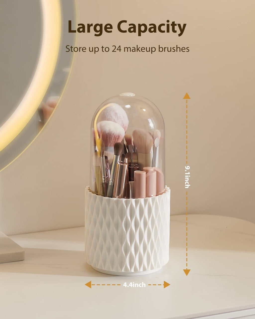 Makeup Brush Holder Dustproof & Waterproof 360 Rotating Cosmetics Make Up Brush Organizer Storage With Lid For Vanity