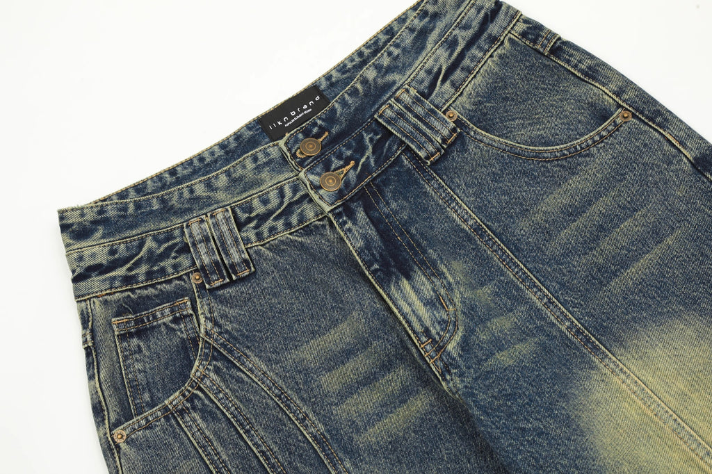 Retro Worn Looking Washed-out Jeans Deconstructed Stitching Design Loose All-match