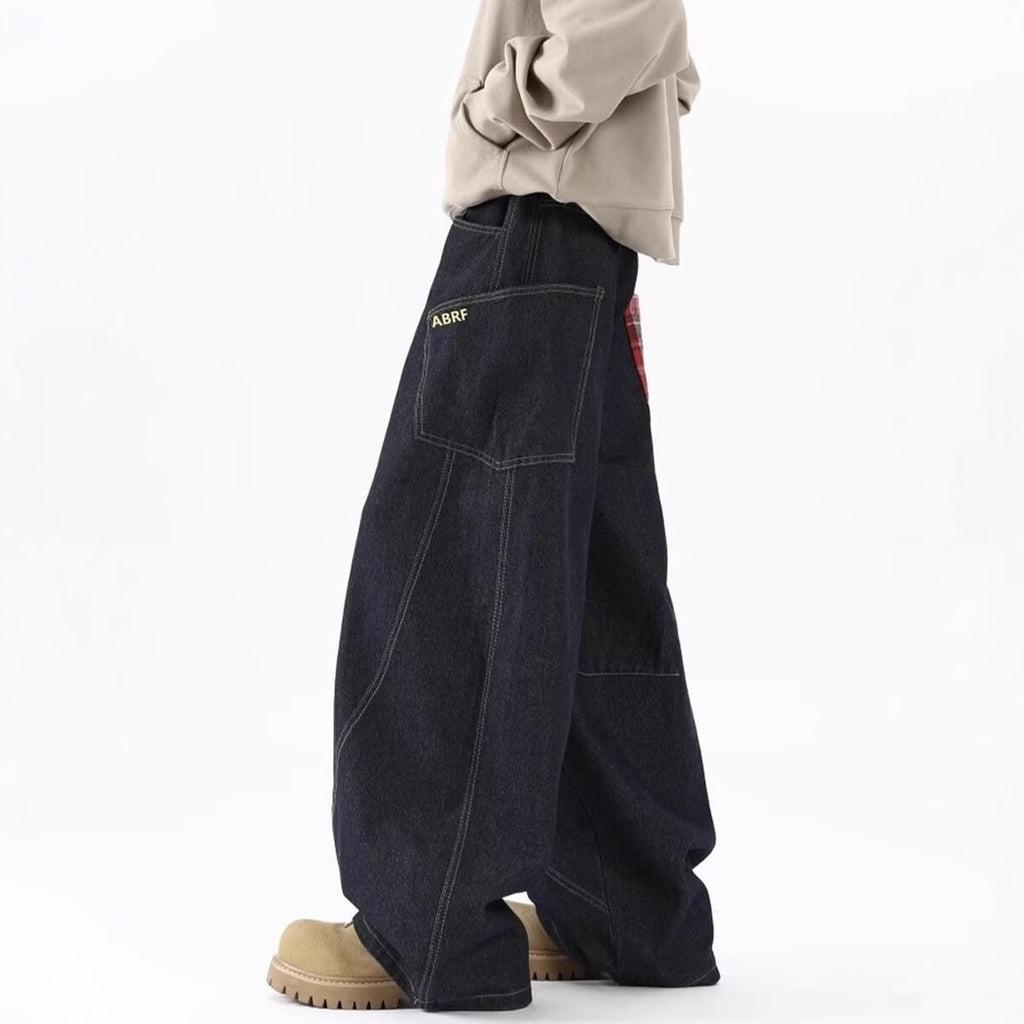 Fashion Plaid Stitching Sickle Wide-leg Jeans For Men