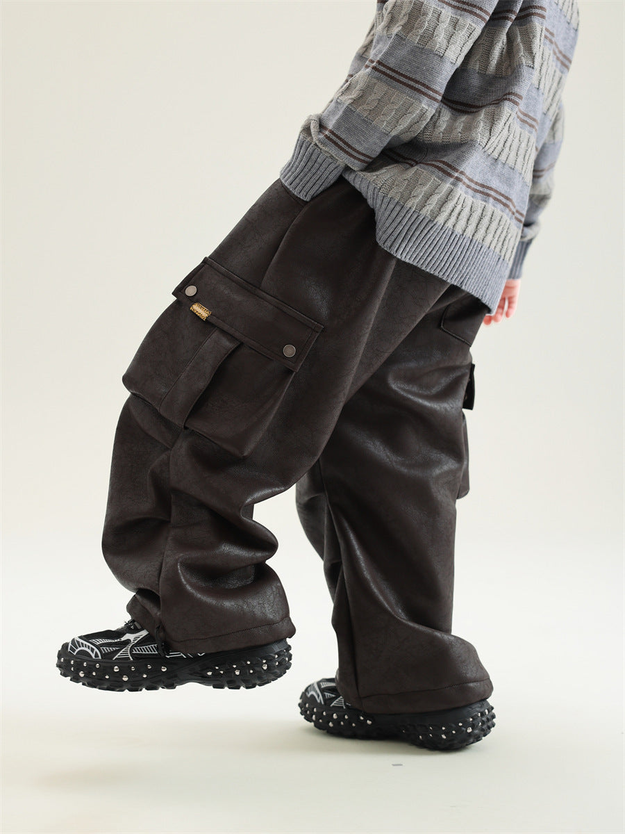 Boy Winter Fleece Lining Workwear Leather Pants