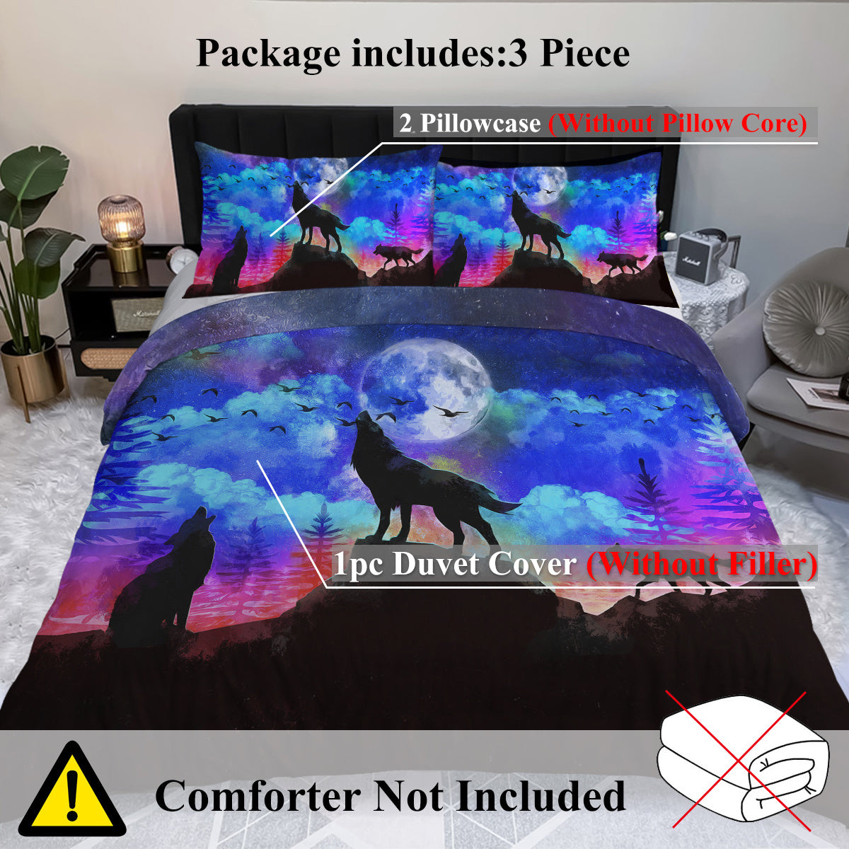 Moon Wolf Duvet Cover Set Single 3pcs Colorful Microfiber Kids Bedding Set