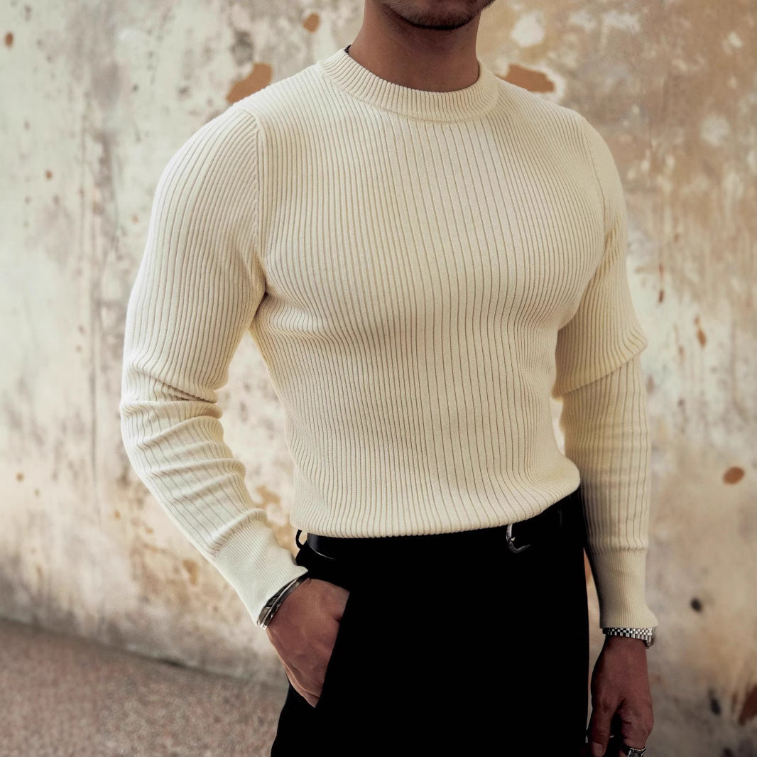 Men's Round Neck Solid Color Striped Long-sleeved Sweater Autumn And Winter