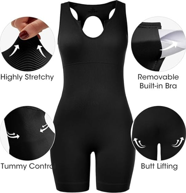 Fisoew Womens One Piece Jumpsuits Racer Back Ribbed U Neck Padded Unitard Backless Tummy Control Bodycon Yoga Romper