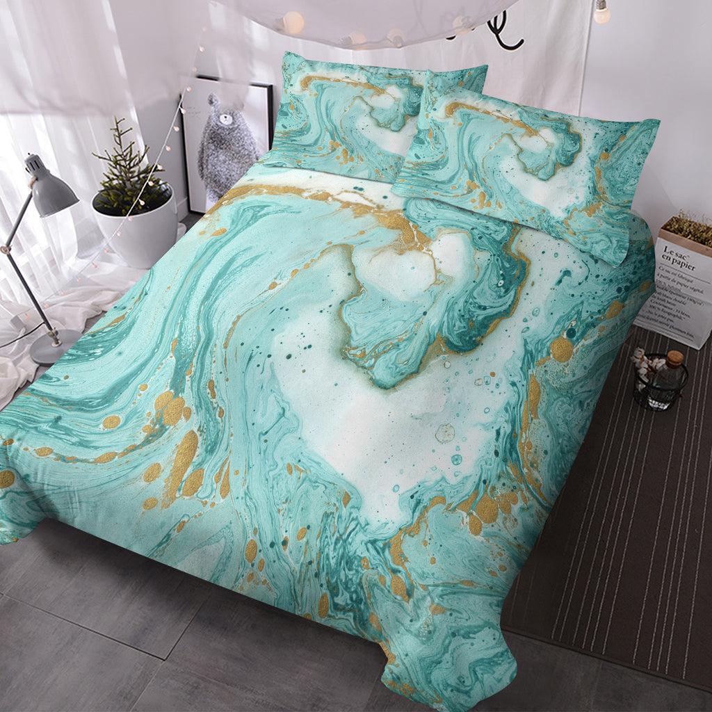 Chic Girly Marble Duvet Cover Mint Gold Glitter Turquoise Bedding Comforter Set Abstract Aqua Teel Blue Duvet Cover