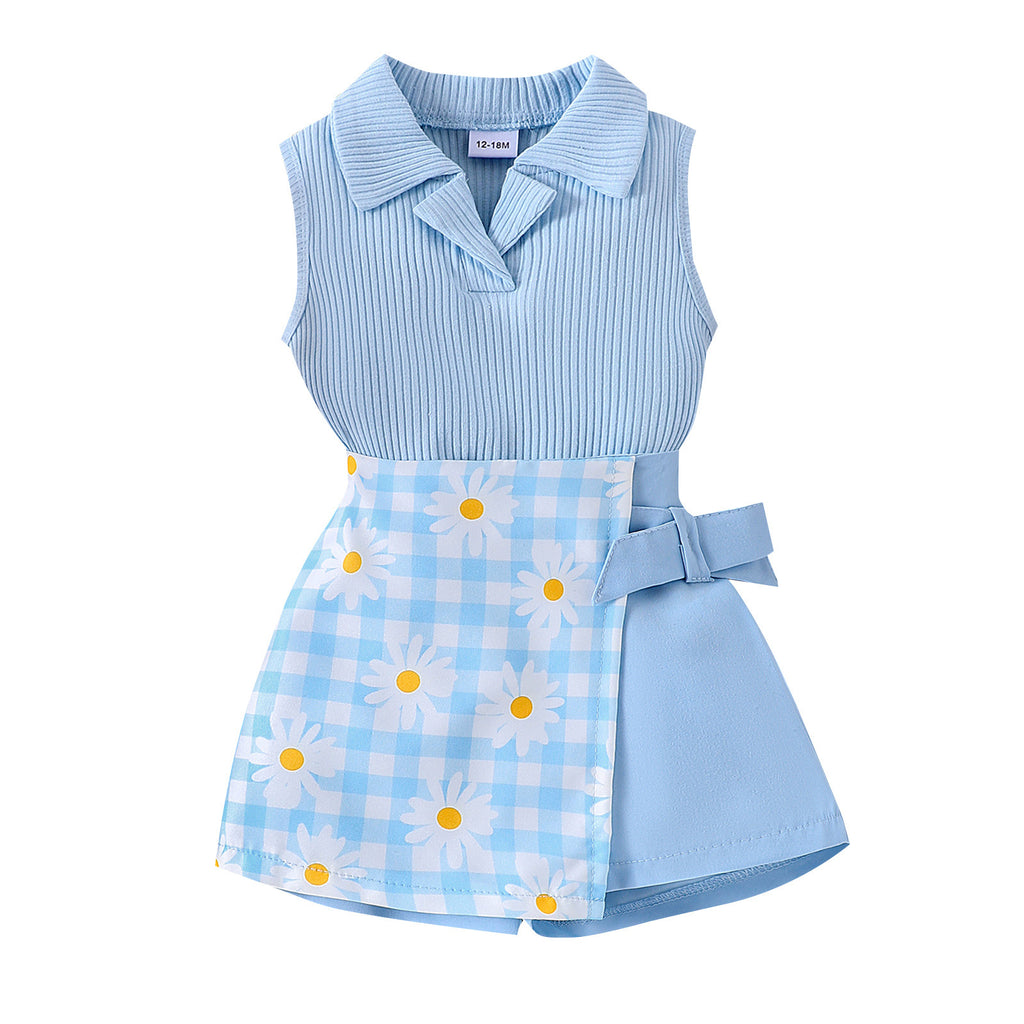 Girls' Fashion Plaid Stitching Shorts Suit