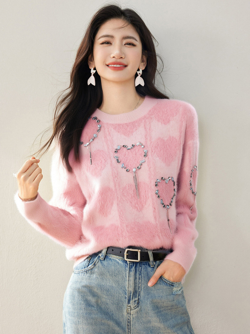 Charming Beaded Heart Knit Sweater for Women, Autumn/Winter Loose Fit Inner Layer Top