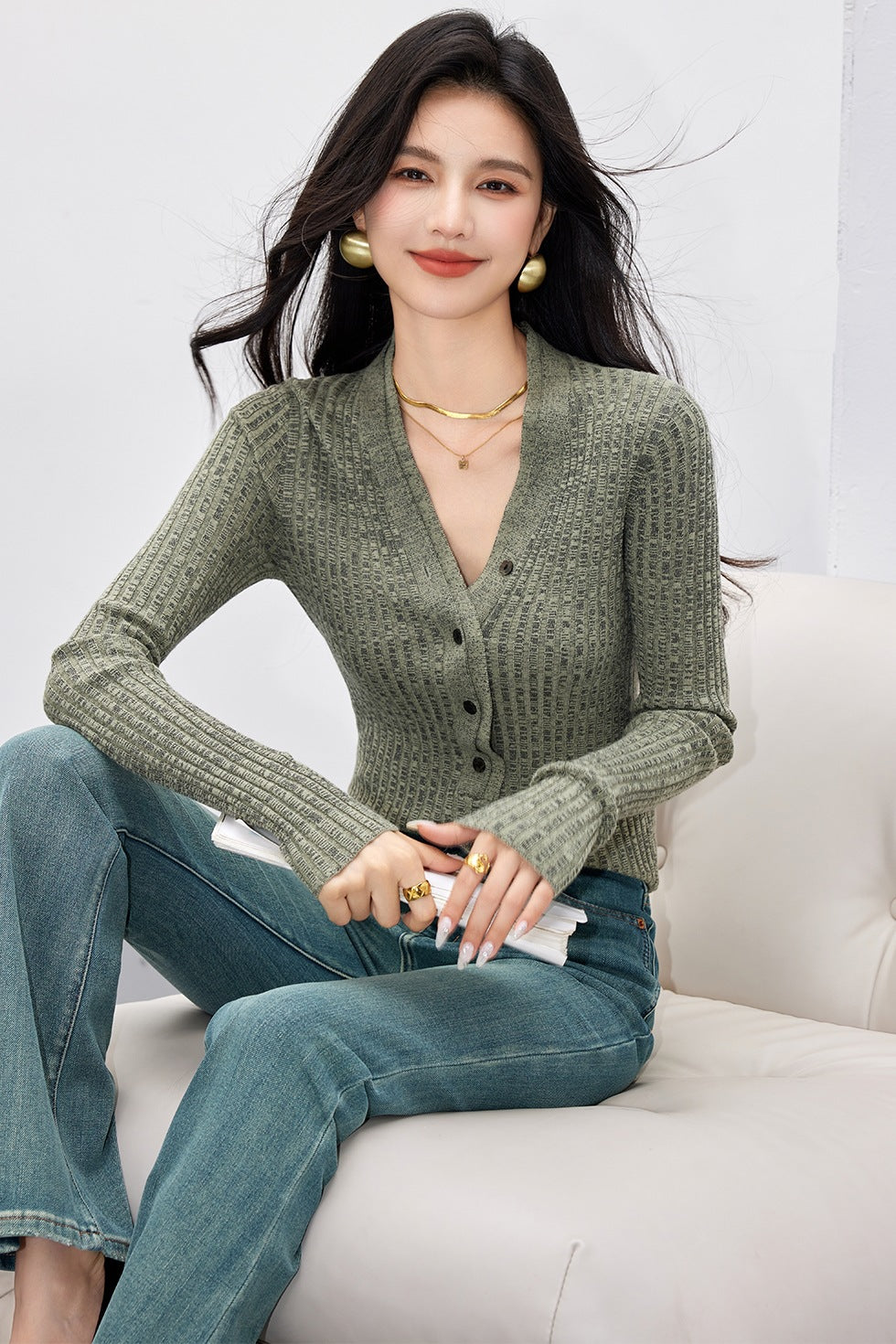 Perfectly Sexy Wool Double-Layer Half-Open Narrow V-Neck Ribbed Fitted Knitwear