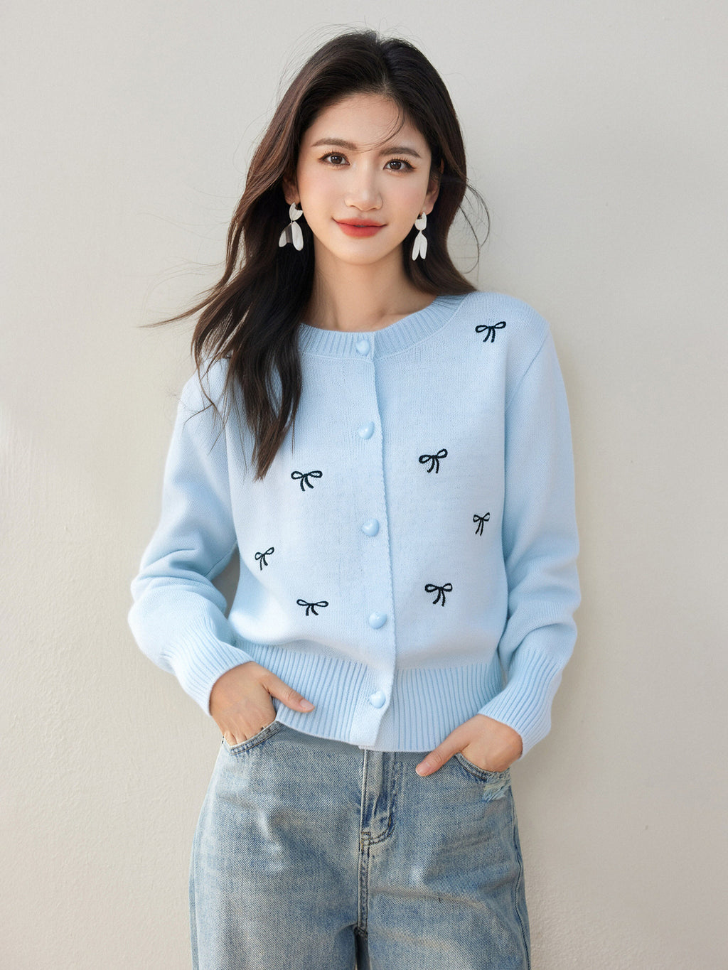 Soft Knit Cardigan with Bow EmbroideryCasual Women's Sweater Coat for Autumn