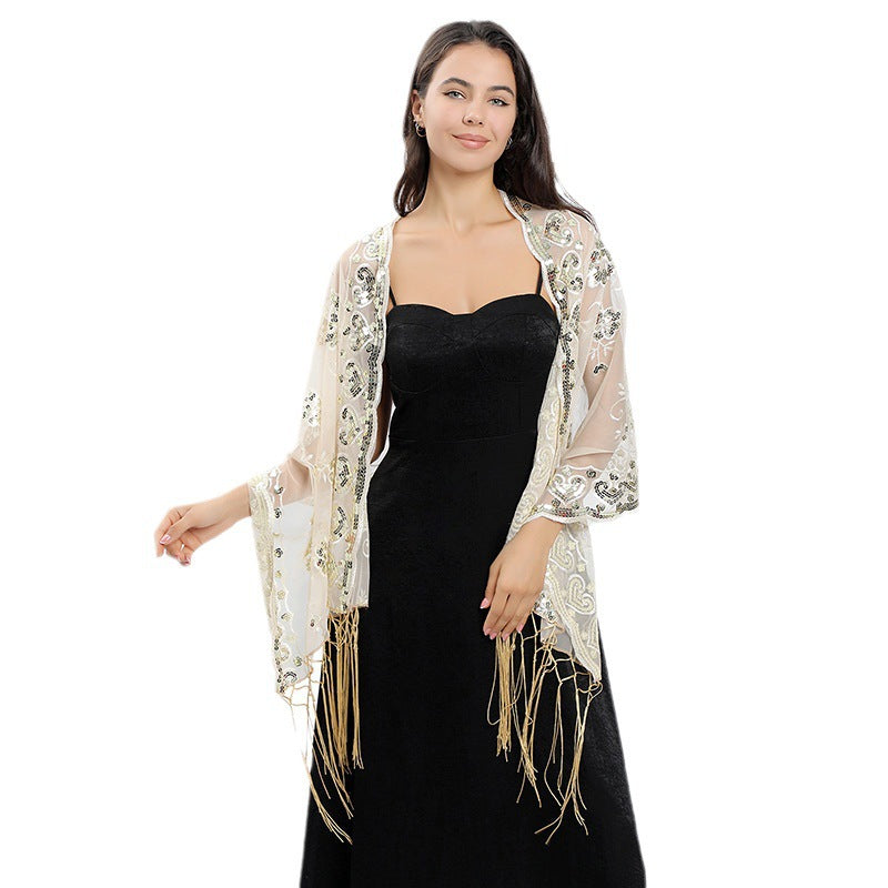 Flower Sequin Embroidered Long Fringe Shawl for Bride Bridesmaid Party Evening Dress Women