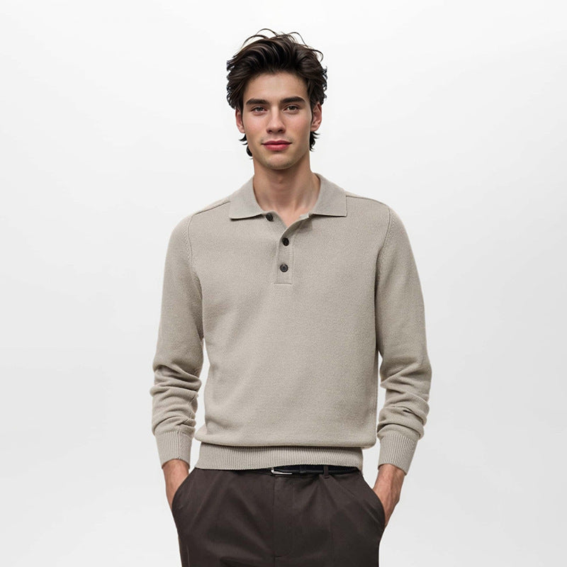 Long Sleeve Button Polo Shirt Solid Color And V-neck Business Men's Sweater