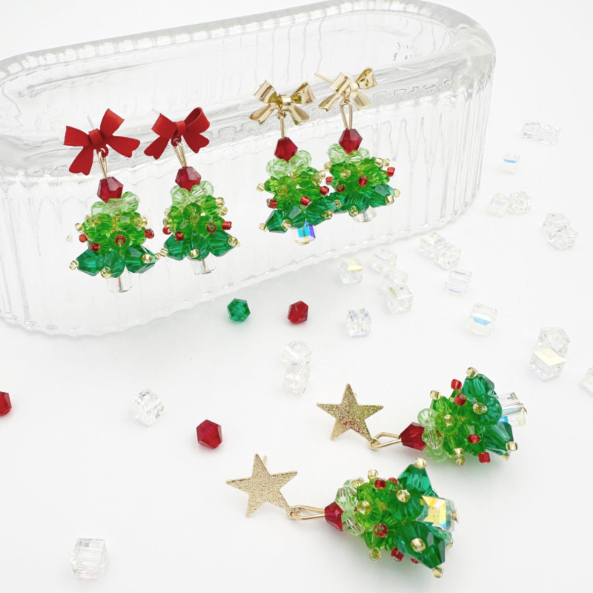 New Red Bow Handmade Beaded Ear Stud Necklace Bracelet